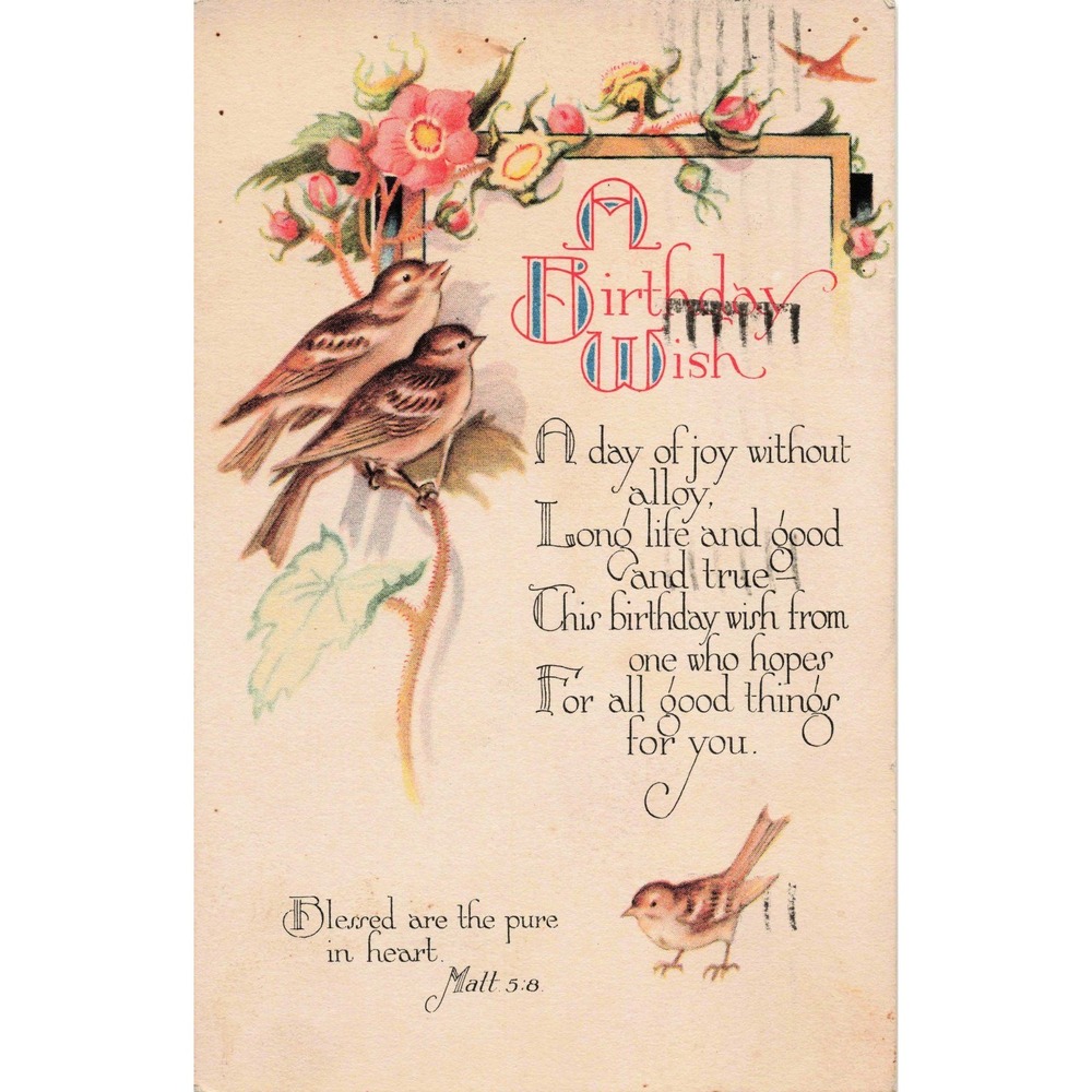 Vintage Birthday Postcard Birds Flowers Matt 5:8 1933 Massillon OH